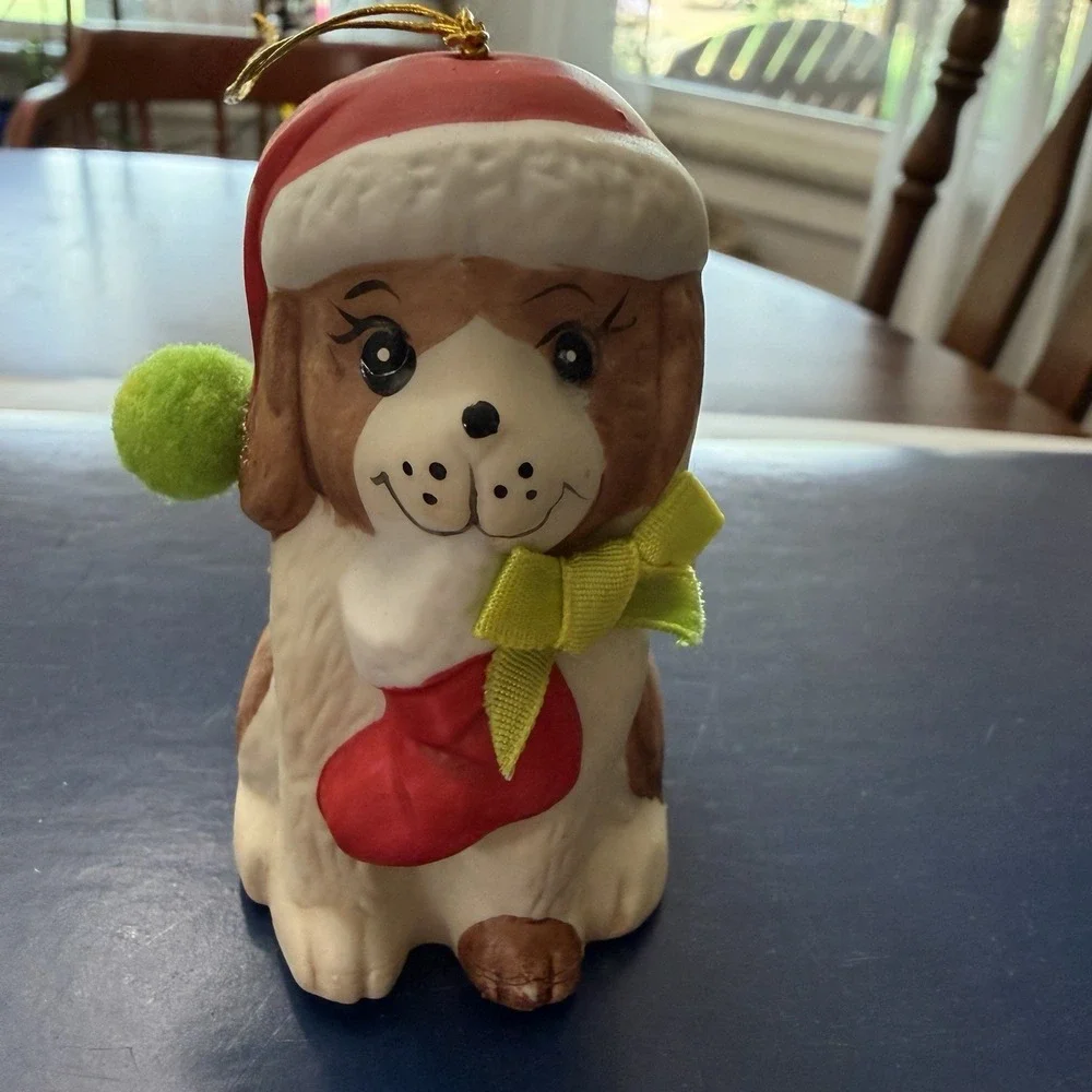 Vintage Christmas Ornament Lot Mouse In Boot Puppy In Santa Hat Giftco Bells